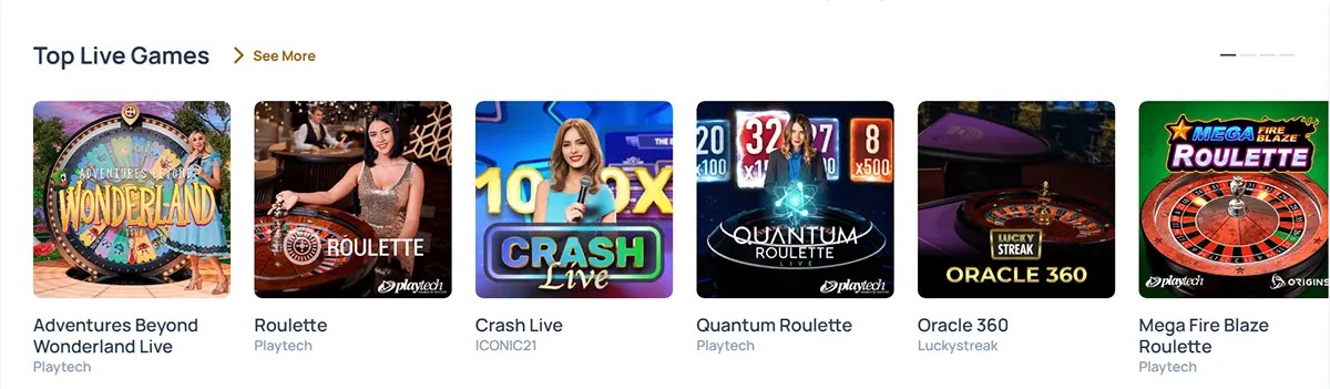 Top Live Games carousel showing Adventures Beyond Wonderland Live, Roulette, Crash Live, Quantum Roulette, Oracle 360, and Mega Fire Blaze Roulette game tiles.