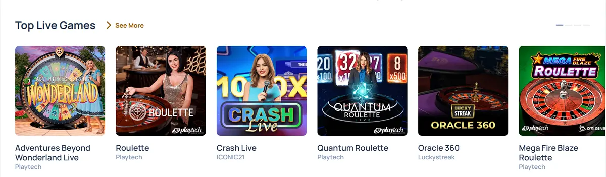 Top Live Games carousel showing Adventures Beyond Wonderland Live, Roulette, Crash Live, Quantum Roulette, Oracle 360, and Mega Fire Blaze Roulette game tiles.