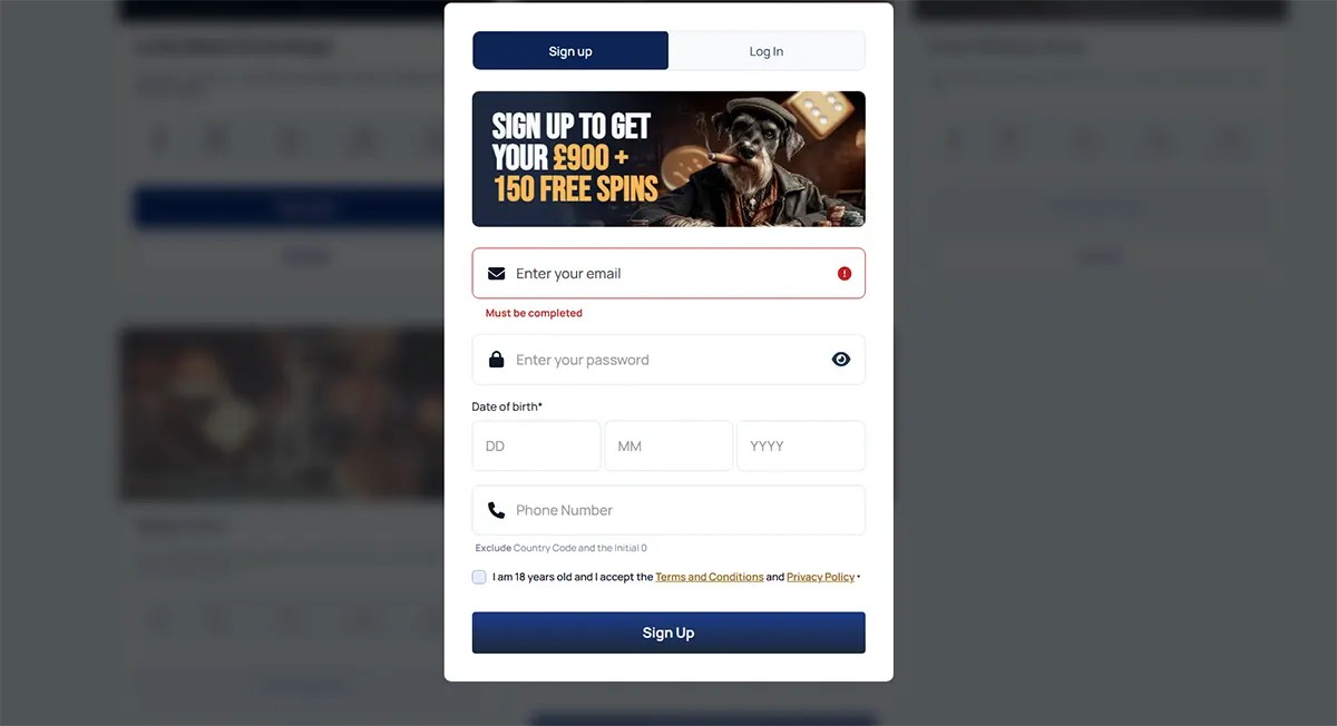 Sign-up form with promo banner “Sign up to get your £900 + 150 free spins”, plus fields for email, password, date of birth, phone number, 18+ terms checkbox, and a “Sign Up” button.
